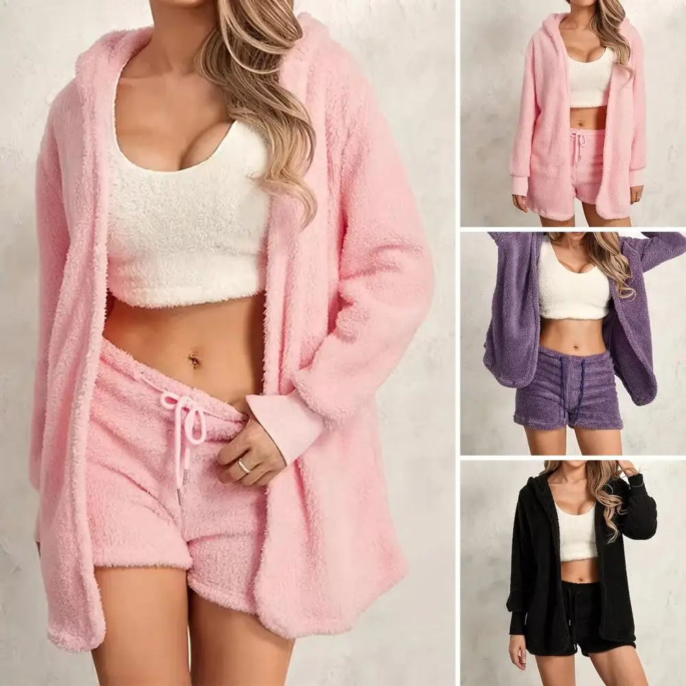 Fluffy Pajamas Set for Women Casual Sleepwear Cardigan Jacket and Shorts Plus Size Hoodie Leisure Homsuit Winter Teddy 2 Pieces