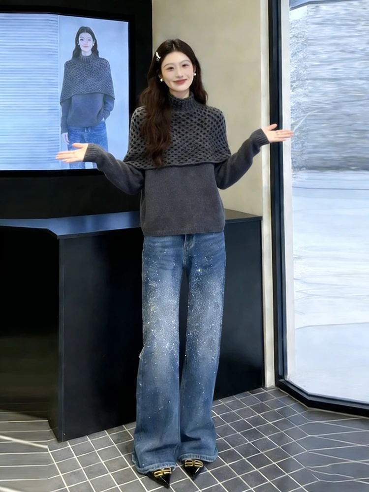 

Стильный легкий вязаный свитер и джинсы: женский повседневный комплект из двух предметов для весны, универсальный, стройнящий, с высоким воротом и длинными рукавами