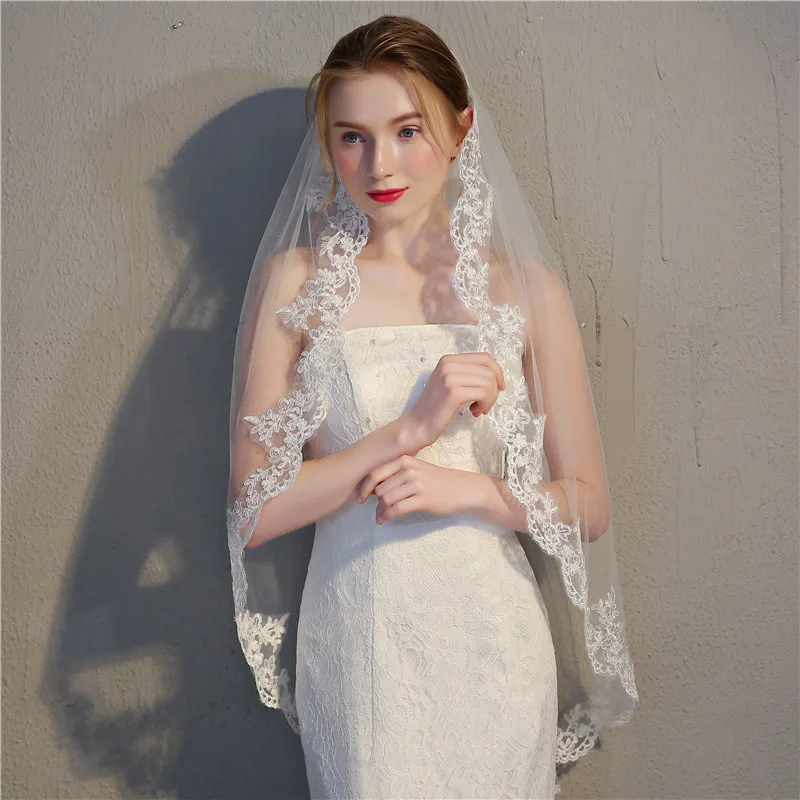 Voile de mariée en dentelle brodée florale, longueur du bout des doigts, 1 niveau, bord avec peigne, accessoires de mariée, 2025