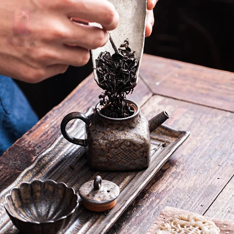Old Rock Mud Rough Pottery Tea Pot Retro Black gold glazeTeapot  Kettle Ceremony  Making Single Pot Ceremony
