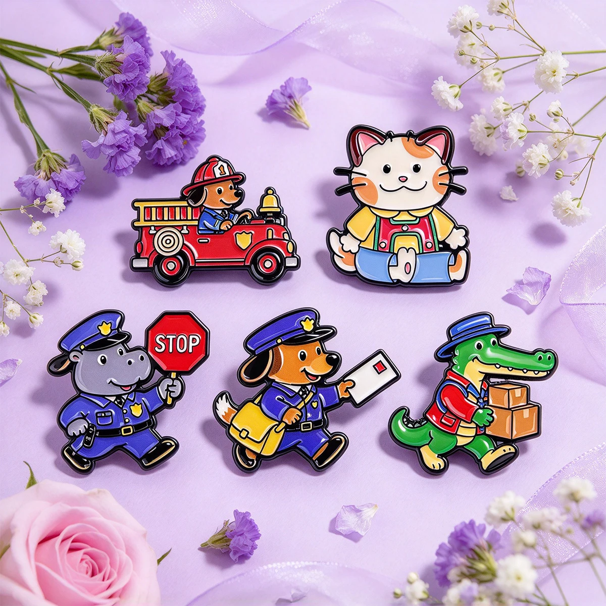Cute Animal Career Enamel Pins Firefighter Dog Police Hippo Dog Crocodile Delivery Cat Brooch Worker Lapel Badge for Backpack