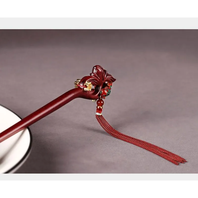 جديد النمط الصيني خشب الصندل المتدلي شرابة دبوس الشعر على الوجهين الأحمر زهرة اللوتس تصميم إكسسوار شعر أنيق للنساء #6