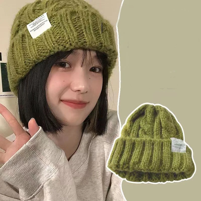 

Корейские вязаные шапки для женщин, зимняя теплая шерстяная грубая шапка, однотонная повседневная эластичная пуловерная шапка для девочек, вязаные крючком шапки-ушанки