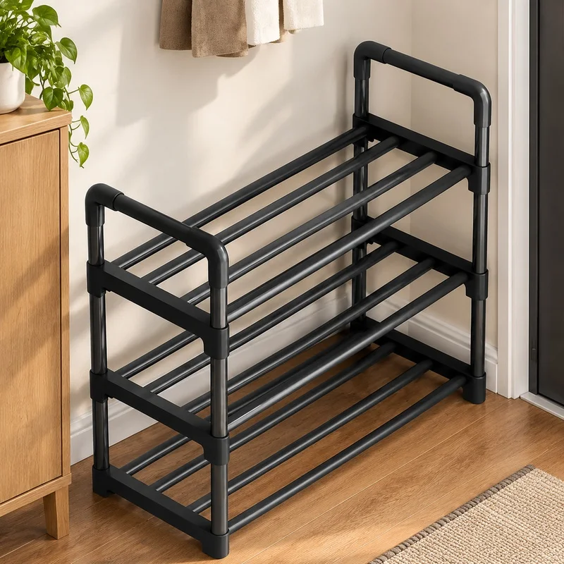 Compact Black Multi-Level Shoe Rack for Entryway and Dorm, Space-Efficient Organizer