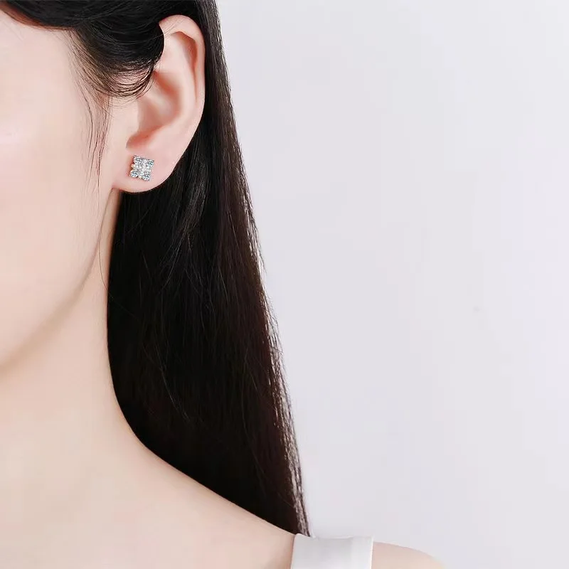 Trendy 925 Sterling Silver 0.48ct D Color VVS1 Geometric Moissanite Stud Earrings for Women Plated White Gold Ear Studs Gift