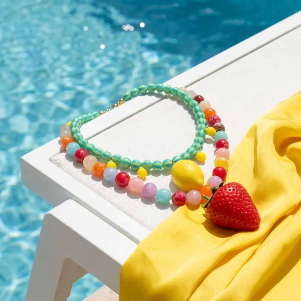 Fun Layered Beads Fruit Necklace Stackable Lemons Multi Layer Choker Colorful Beads Bohemian Collarbone Chain Vacation