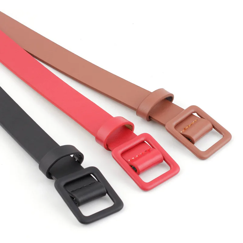 Vintage Decorative Belt PU Leather Solid Color Square Needleless Buckle Women Waist Belt Slim All-match Narrow Thin No Hole Belt