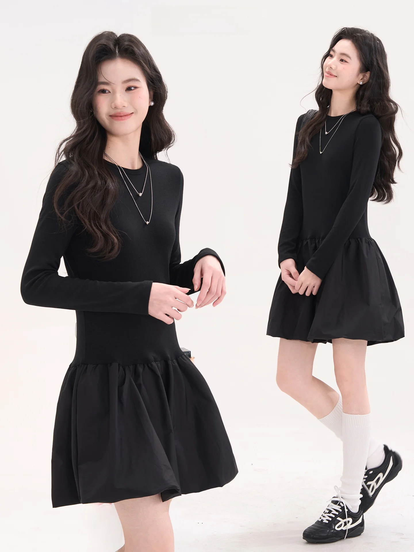 

Spring Tea Aroma Long Sleeve round Neck Gown Women's Bloom Skirt Splice Design Slim Fit Daily Wear Comfortable Fabric Gown