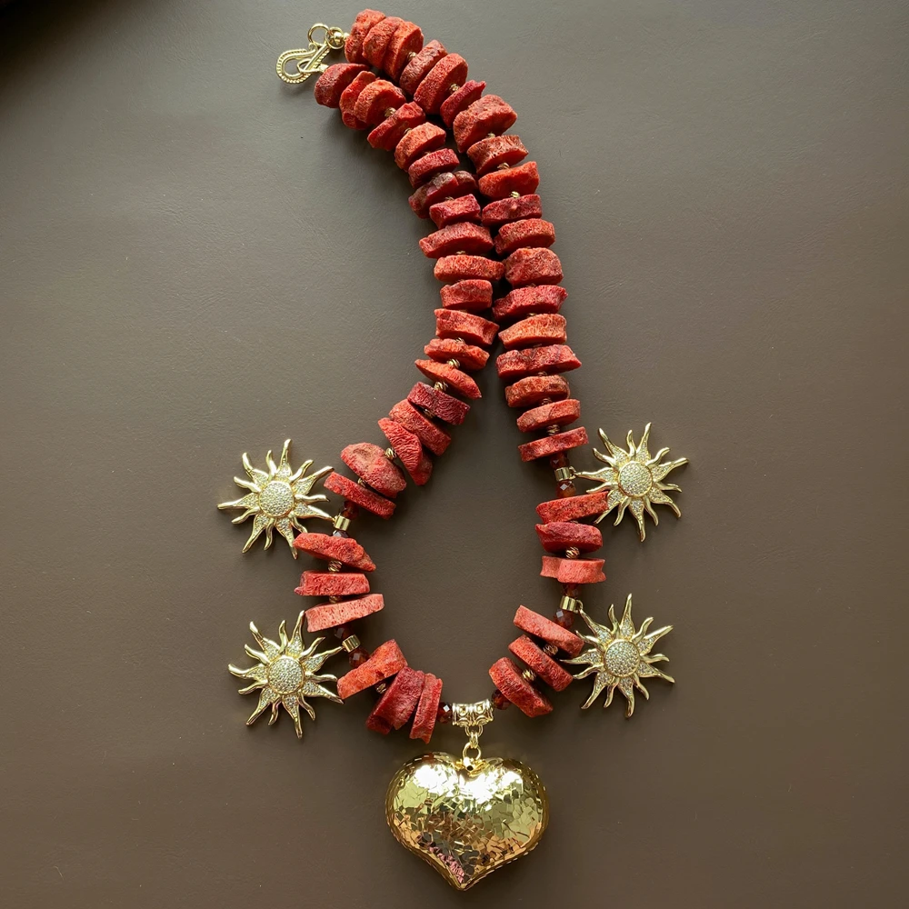 Y·YING Red Sponge Coral Choker Necklace Hammered Gold Heart Sun Charms Statement Necklace Bohemian Vintage Women Jewelry