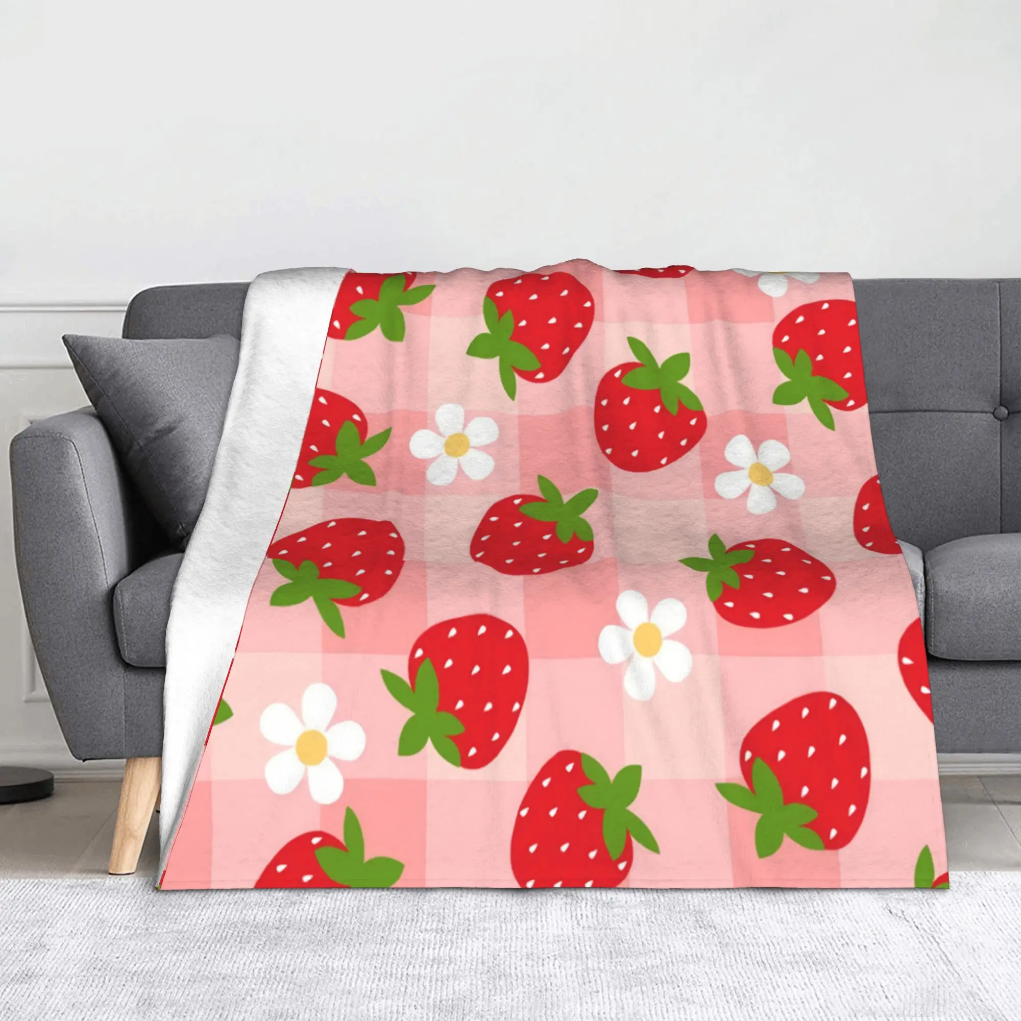 Strawberry Gingham Cottagecore Picnic Floral Knitted Blanket Flannel  Super Soft Throw Blankets for Airplane Travel Bed Rug