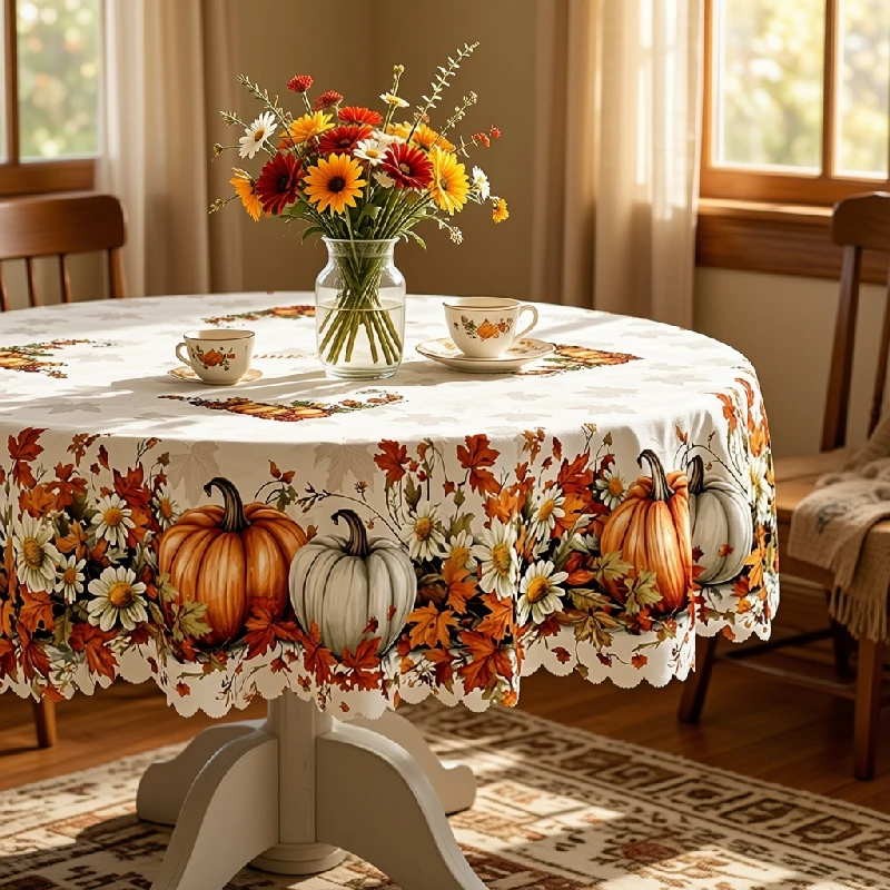 Vespri vintage pumpkin tablecloth, white and orange double-color autumn pumpkin maple leaf designzyc