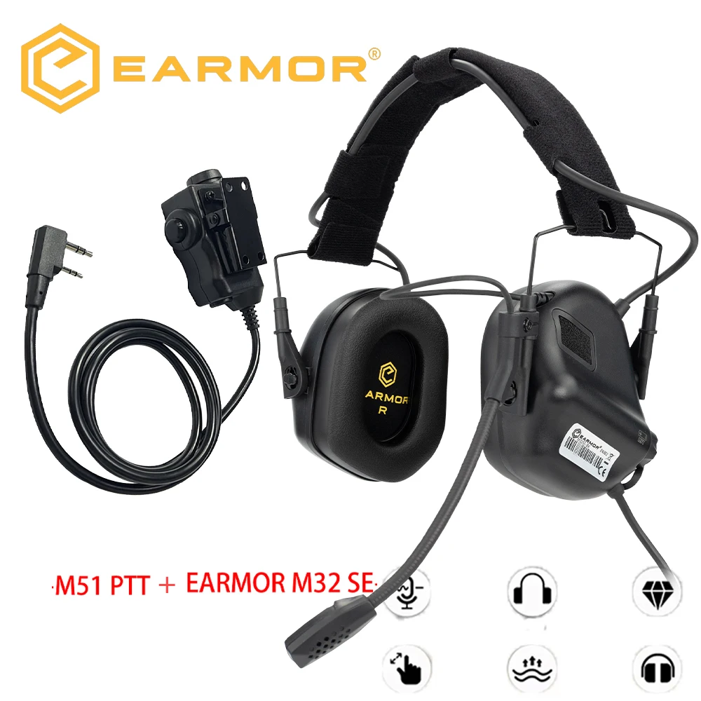 غطاء للأذنين للرماية من EARMOR M32 سماعة رأس تكتيكية للحد من الضوضاء مع محول EARMOR M51 PTT مناسب للصيد وإلغاء الضوضاء