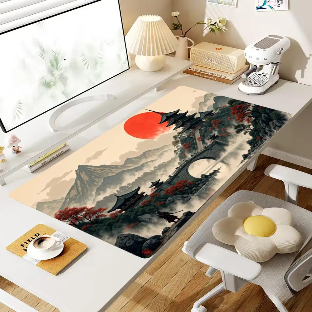 XXL Ancient Pagoda Bridge Red Sun Mountain Play mat Non-Slip Rubber Base Stitched Edge Desk Pad for Office Esports Gaming Gift