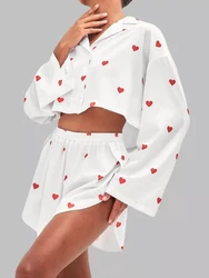 HiLoc Print Long Sleeve Sleepwear Women Pajama Lapel Crop Tops 2024 High Waist Slit Shorts Female Set Love Pattern Lougerwear