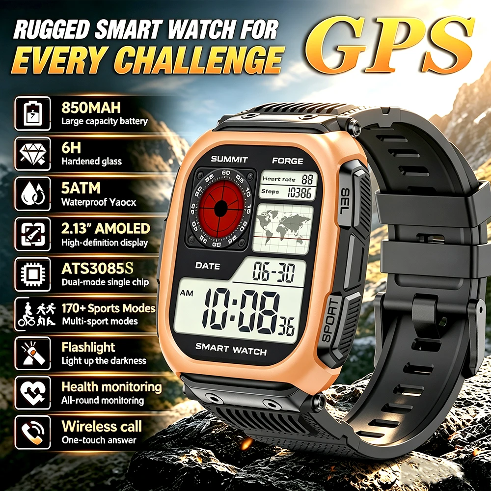 2026 850mAh Battery SmartWatch for Men GPS Tracker 5ATM Heart Rate Flashlight 2.13