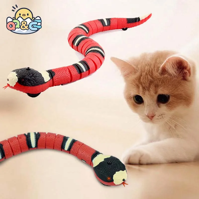 Cobra interativa gato teaser brinquedo do animal de estimação eletrônico automático gatinho brinquedos indução de carregamento usb obstáculo evitar anel de prata cobra