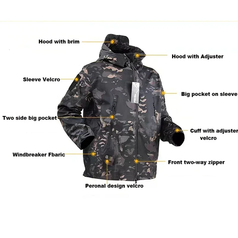 Men\'s Waterproof Hiking Jackets Outdoor Softshell Suits Waterproof Camouflage Pants Tactical Hooded Fleece Coat Winter Gift Belt