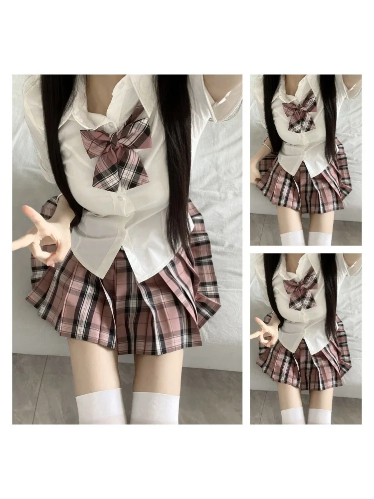 

Original Design Pink Plaid Uniform Skirt Set Women's Half-length Pleated Skirt School Style Fashionable Student Workwear