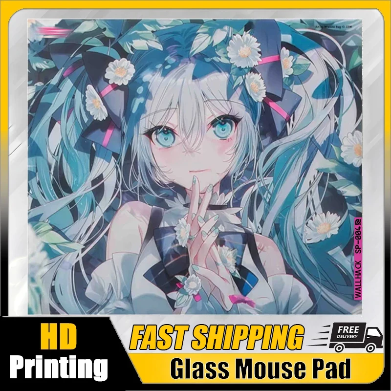 Japanese Kawaii Anime Blue Girl Glass Mouse Pad Gaming Reproduced Upgrade Coated Smooth Surface Custom Gamer FPS Gaming Desk Mat