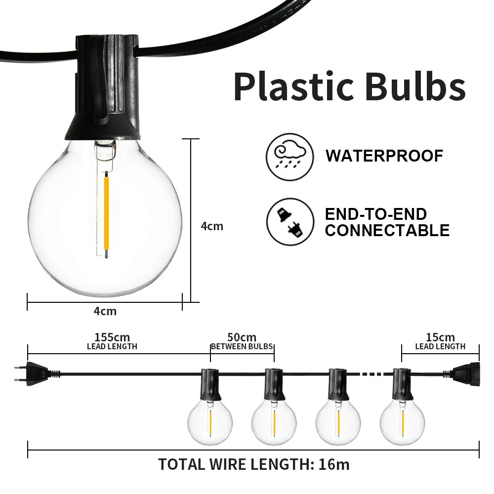 스트링 요정 스트링 조명, G40 LED 글로브 파티 화환 조명, 결혼식용 따뜻한 조명, 야외 뒷마당, 16m, 45m