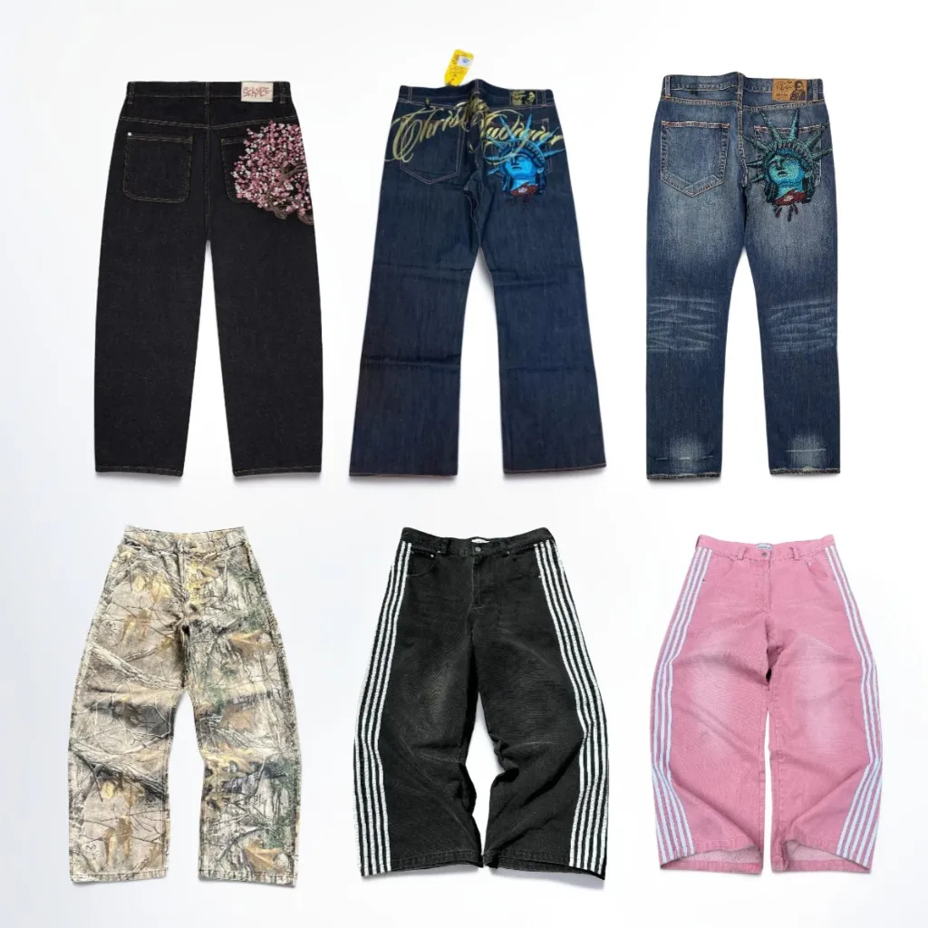 Hot sell embroidered jeans streetwear high quality Striped diamond Pants men women casual wide leg jeans vintage y2k Baggy Jeans