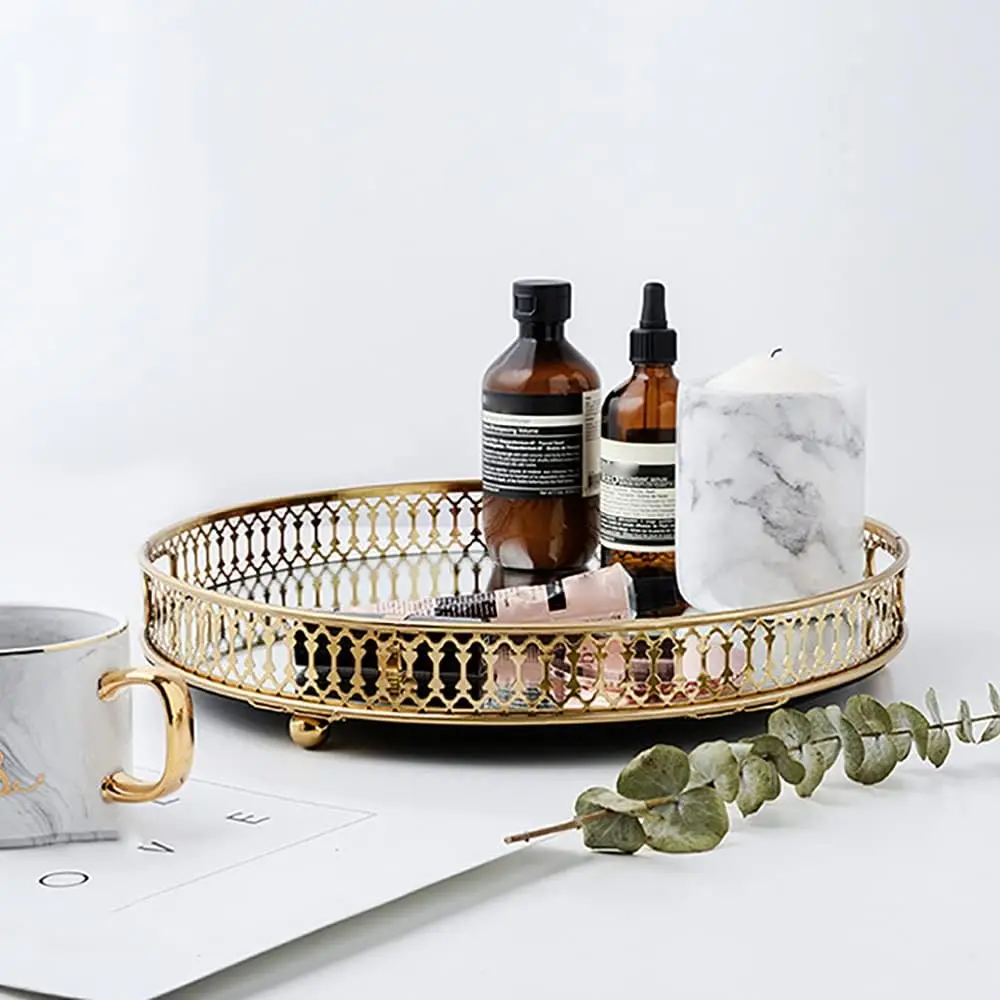 

Decorative Tray - Mirror Tray Gold Makeup Jewellery Organiser, Mirrored Metal Decoration for Breakfast, Fruit, Hotel (Round)