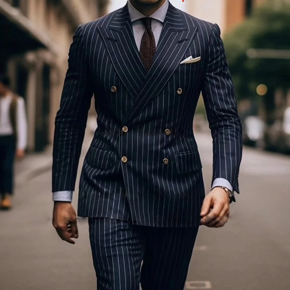 

Suit For Men Stripe Groom Tuxedo 2 Pieces Double Breasted Business Blazer Terno Masculino Wedding Set Daily Jacket Pants