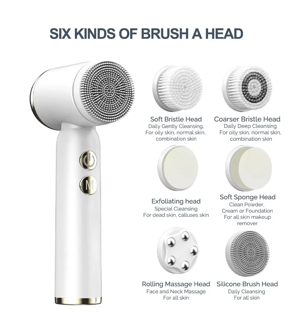 Beauty Device Portable 6-in-1 Silicone Electric Cleanser Brush Facial Cleaning Exfoliating Waterproof Sonic Cleansing Brush