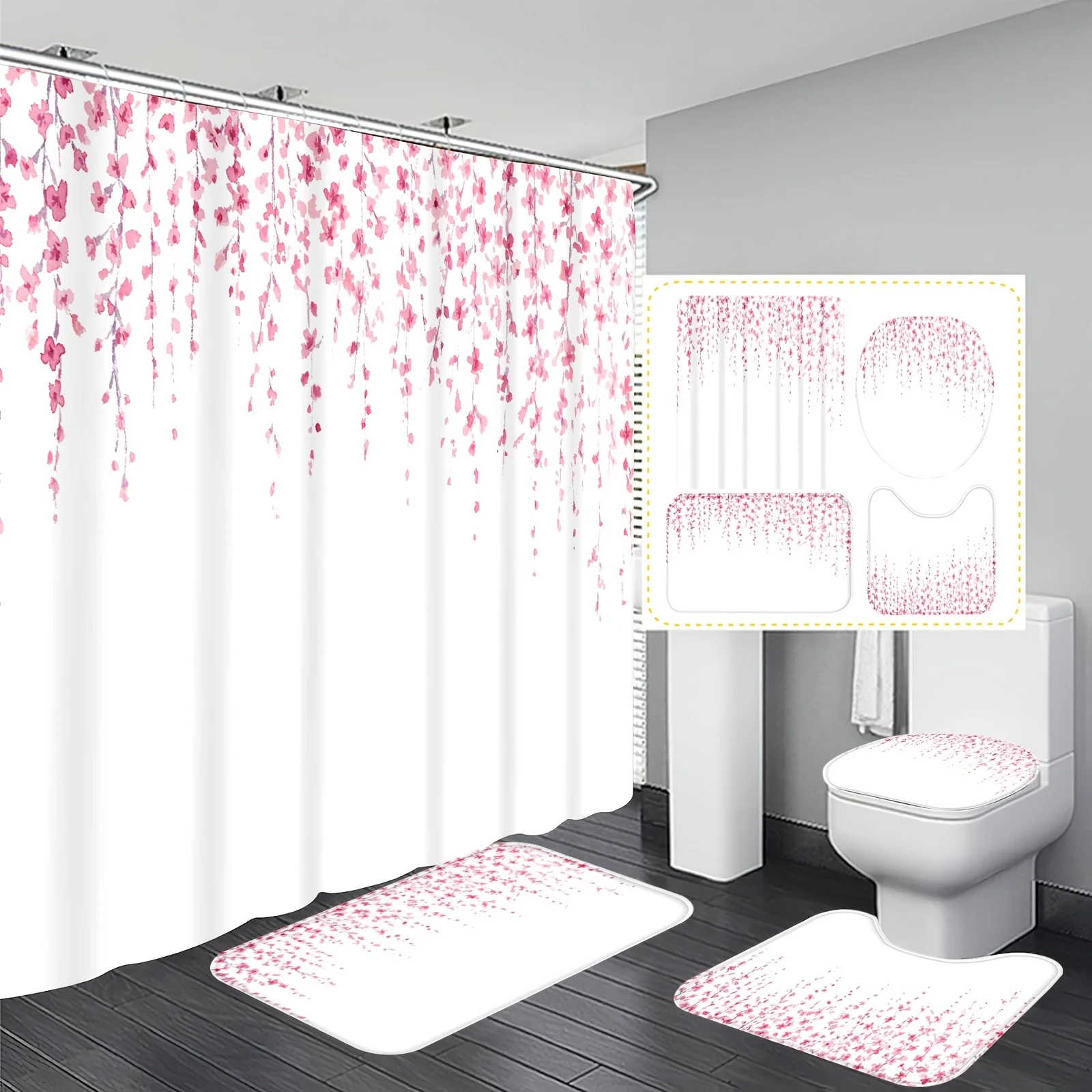 

4pcs Pink Sakura Polyester Insulated Home Decor Bathroom Shower Curtain, U Shape Floor Mat, Anti-slip Mat, Toilet Seat Mat
