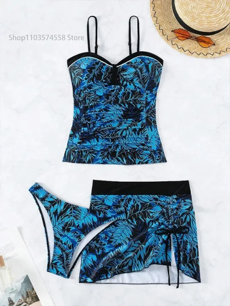 Conjunto de Tankini estampado de tres piezas para mujer, bañador sexy con falda de playa, ropa de playa de verano, 2024