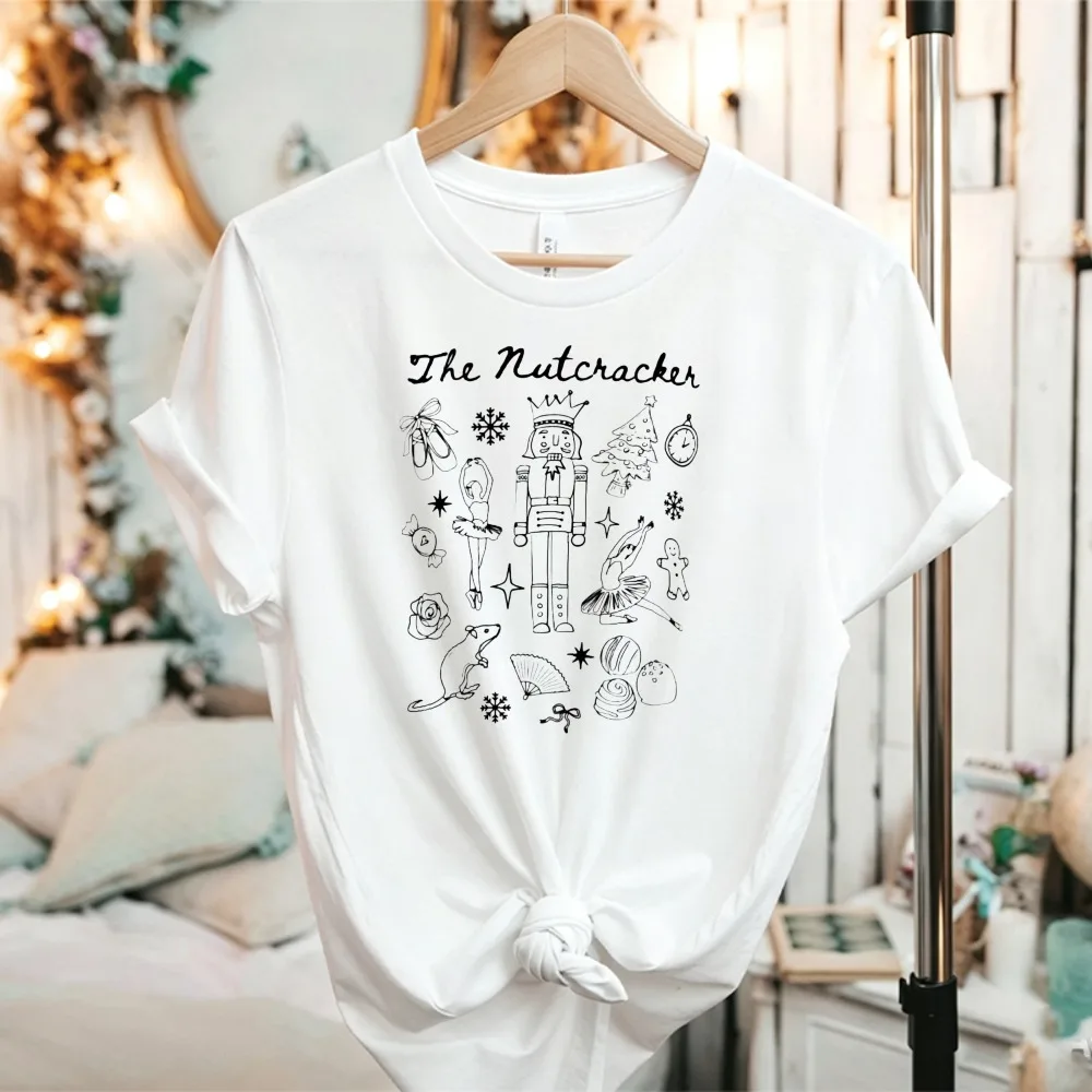 The Nutcracker Sketch Doodle Graphic T‑Shirt Crew Neck Short Sleeve Cotton Tee Black Line Art Ballet Character Print Casual Tops