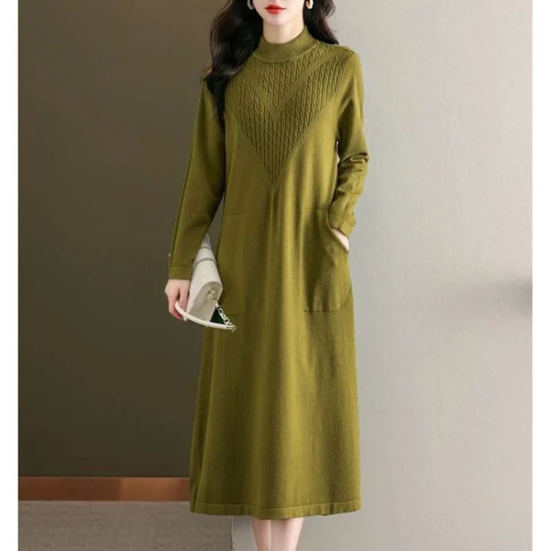 Temperament Knitted Shirt Dress for Women in Winter, Loose Large Size Over Knee Long Style, Winter Half High Collar Dress