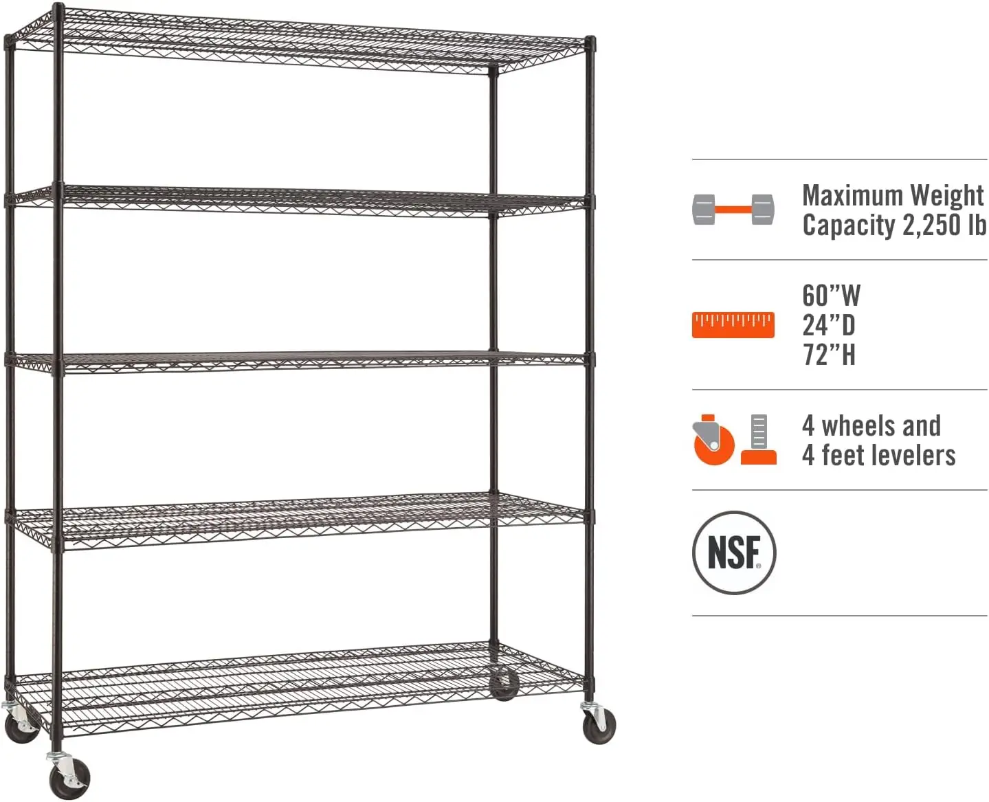 Basics 5-Tier Adjustable Wire Wheels for Kitchen Organization, Garage Storage, Laundry Room