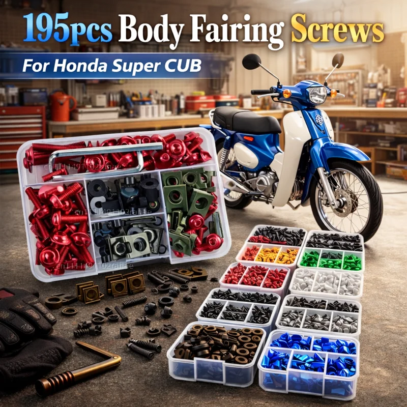 195 piezas de tornillos y tuercas para carenado de motocicleta, para Honda Super CUB C70 90 110 C125, kit de sujetadores y clips de aluminio CNC.