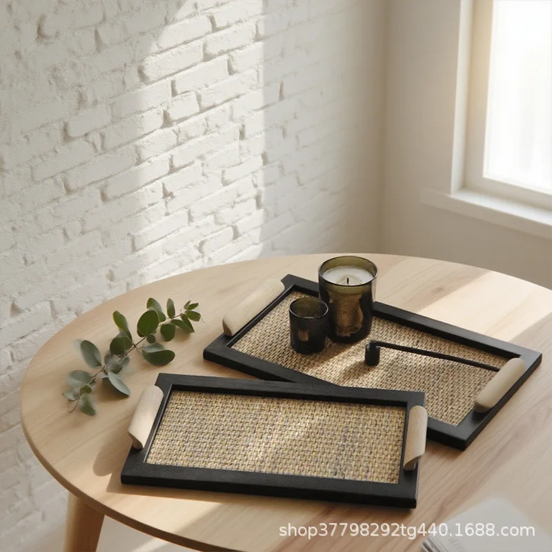Nordic wabi-sabi wind wooden rattan tray ornament retro homestay tea room living room storage tray