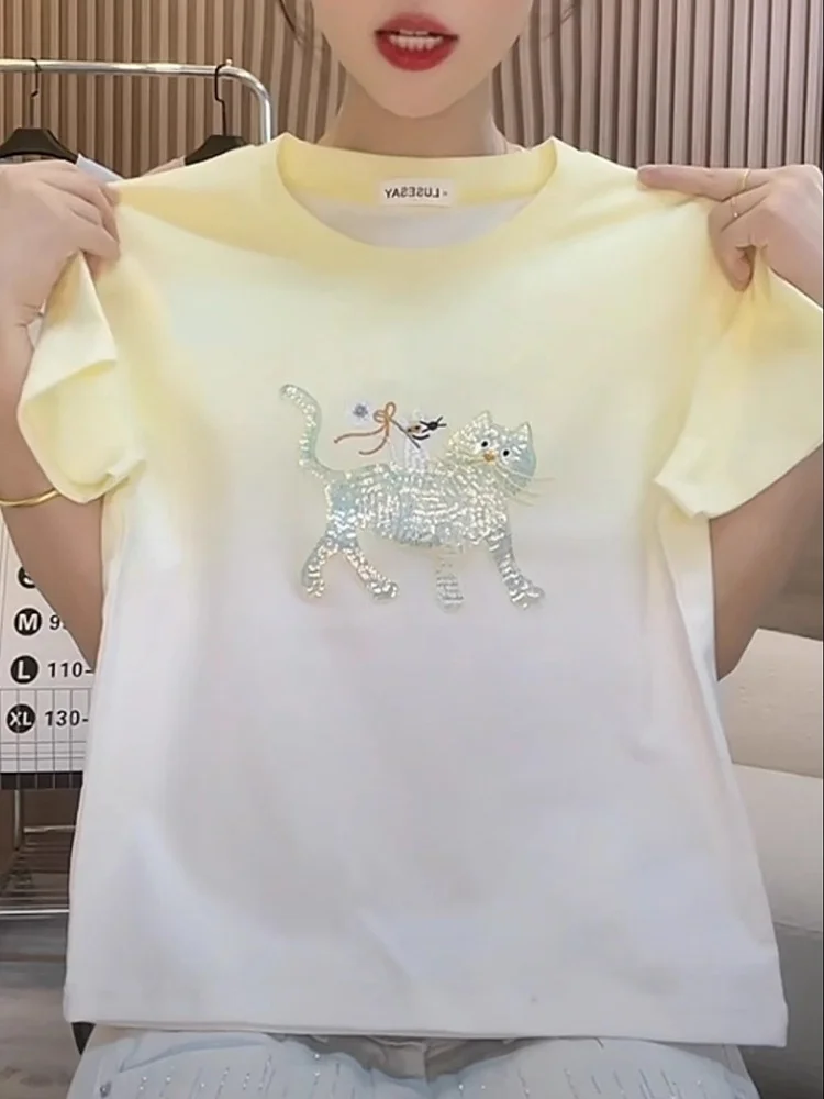 Camiseta holgada de manga corta con lentejuelas para mujer, diseño personalizado a la moda, estilo veraniego para ir al trabajo, de algodón puro, cuello redondo.