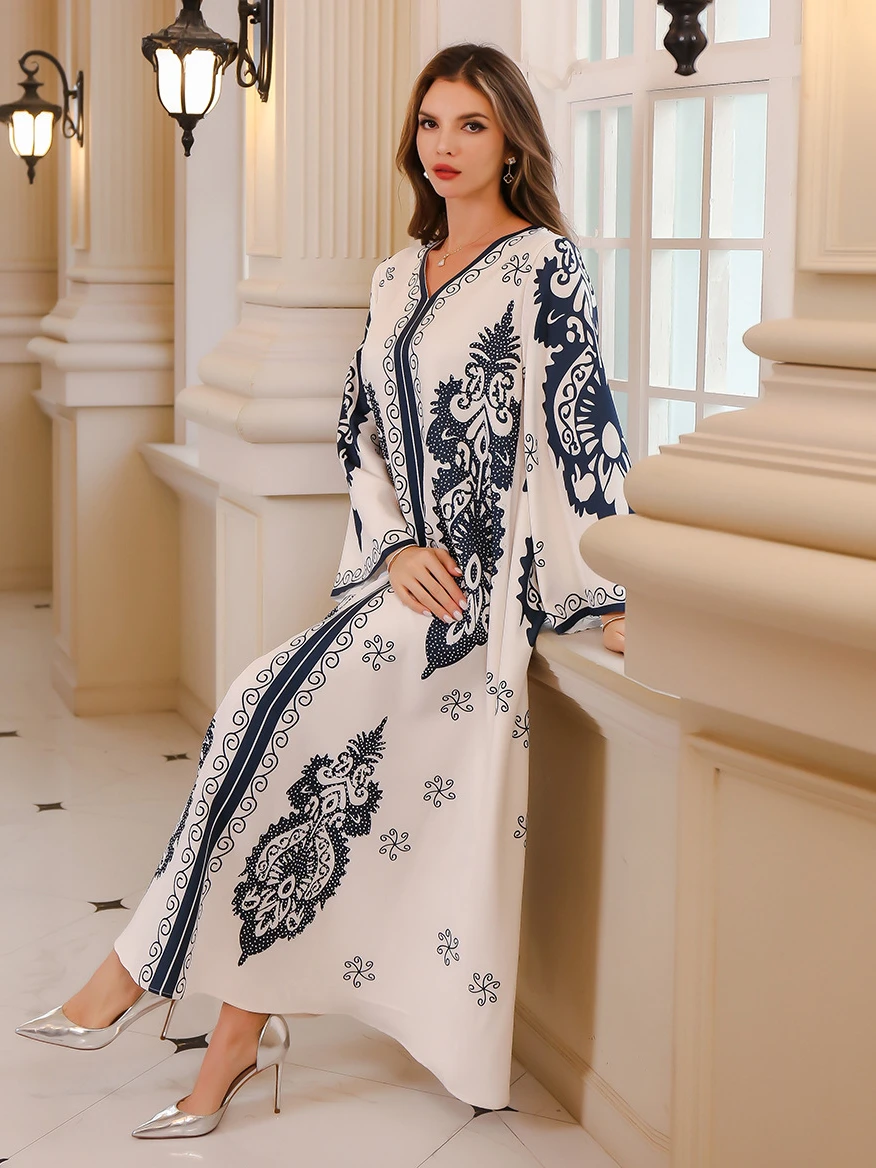 Modest Diamond Muslim Dress for Women Abaya Ramadan Turkey Kaftan Islamic Eid Print Robe Femme Jalabiya Caftan Morocco Vestidos