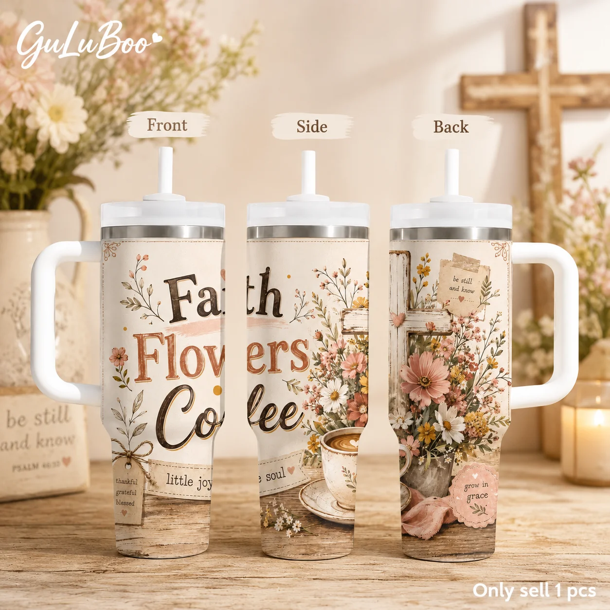 Faith Coffee Floral Quote Prints Vacuum Flasks 40oz Stainless Steel Insulated Tumbler With Handle & Straw Leakproof Travel Mug