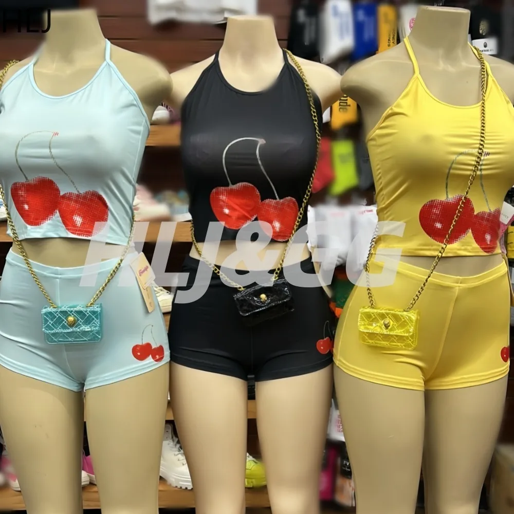 

HLJ Y2K Sexy Cherry Print Women's Matching Sets Halter Neck Crop Top and Low Waist Shorts Summer Casual Streetwear Matching New