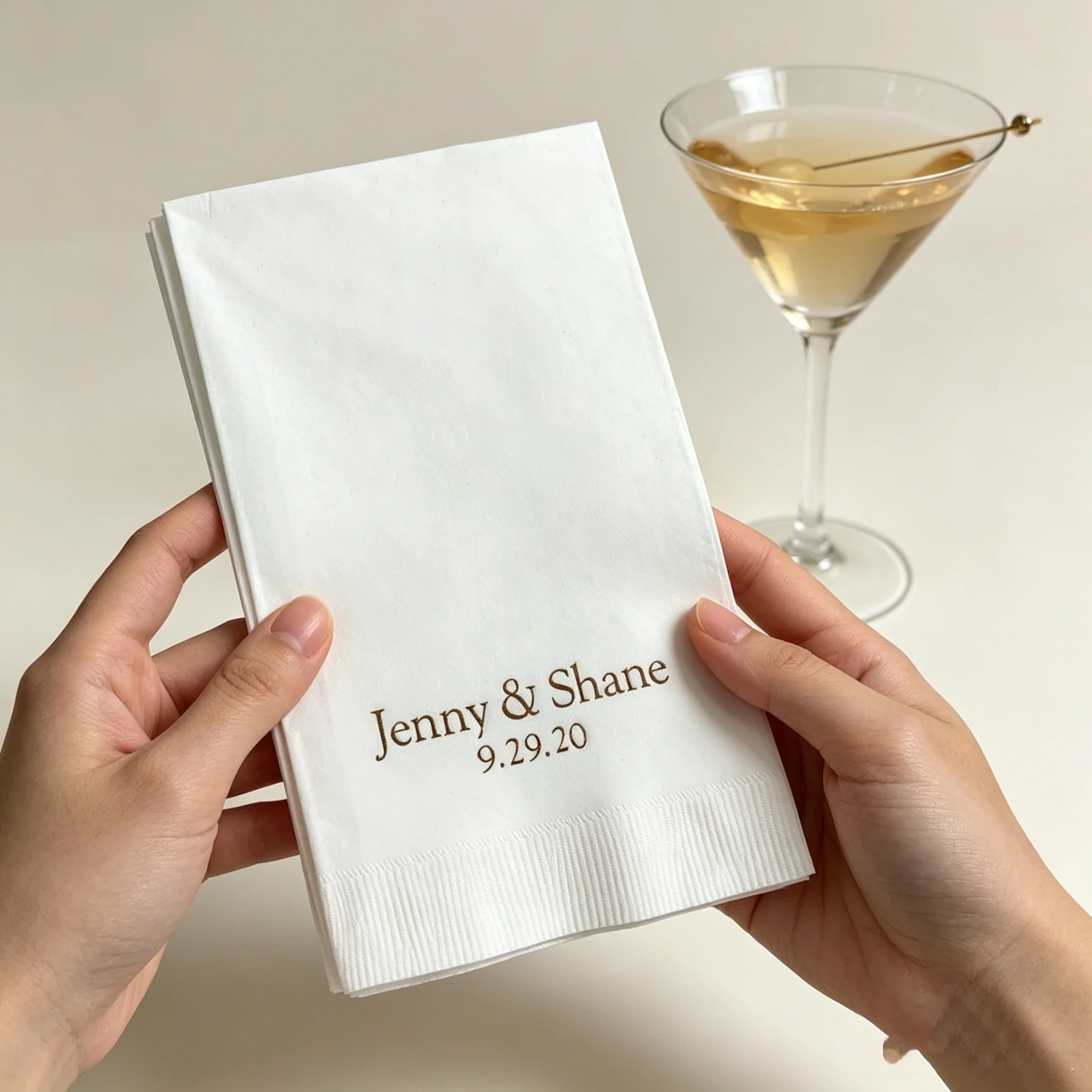

50pcs Custom Brown Print Couple Names & Date Dinner Napkins, Personalized White Wedding Cocktail Napkins with Names and Date for