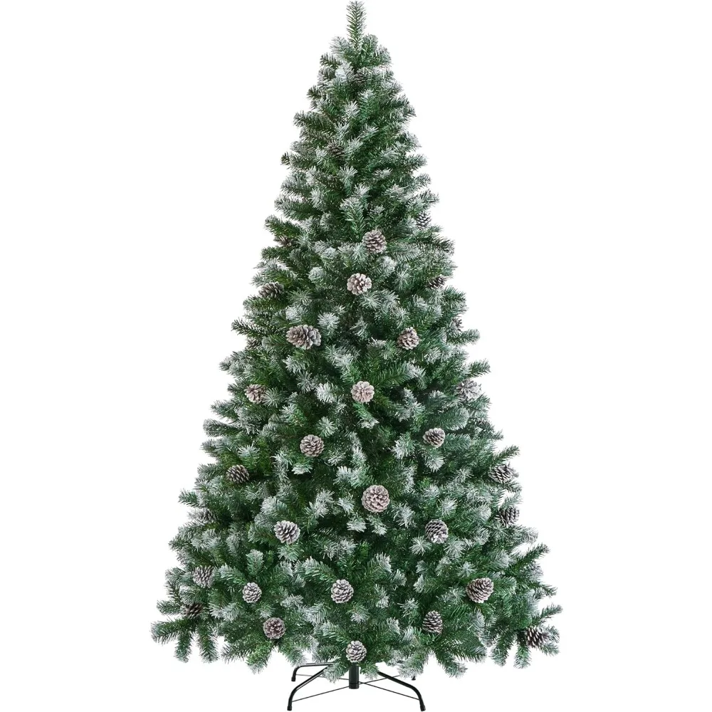 

6ft Artificial Christmas Tree, Snow Flocked Christmas Tree w/64 Pinecones, 920 Frosted Tips, Pre-Decorated Tree for Holiday