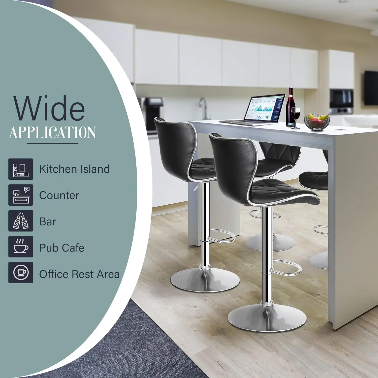 Conjunto de 4 bancos de bar giratórios ajustáveis, altura de balcão, encosto em couro PU, bancos altos pretos modernos