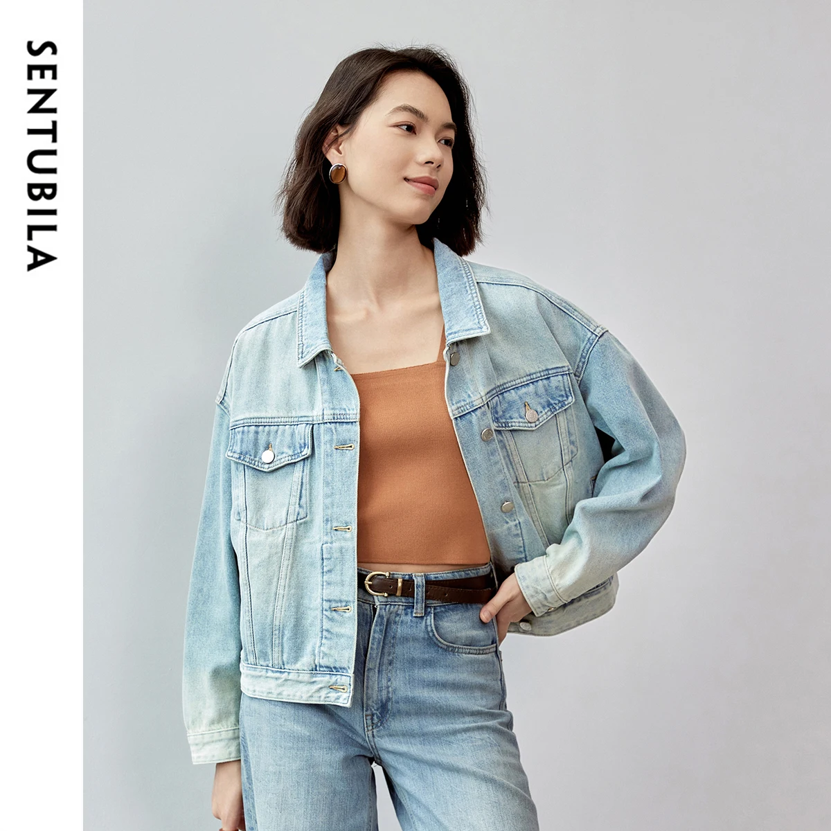 

SENTUBILA Washed Cotton Denim Coat Women Autumn 2024 Fashion Loose Fit Long Sleeve Cropped Jackets Ladies Tops W43W57374X