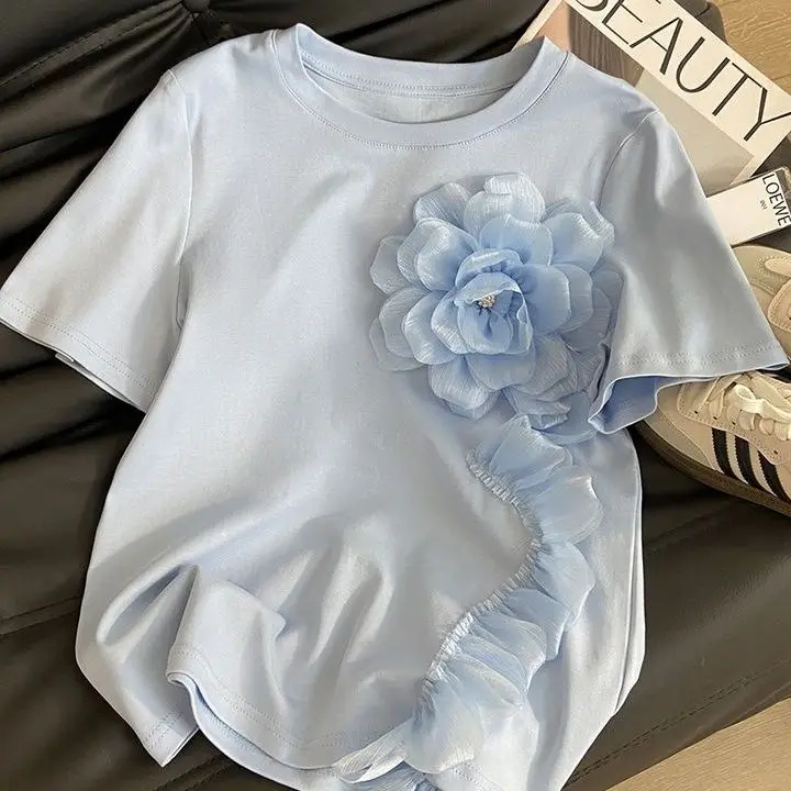 Spring and Summer New Arrivals Fashionable and Versatile Age-Reducing 3D Flower Ruffle Collar Short Sleeve T-Shirt for Women