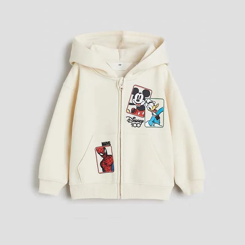 Gray Plush Sweatshirts Coats Cartoon Hooded Outerwear Cute Autumn Winter Clothing Mickey Mouse Print Long Sleeve Hoodies