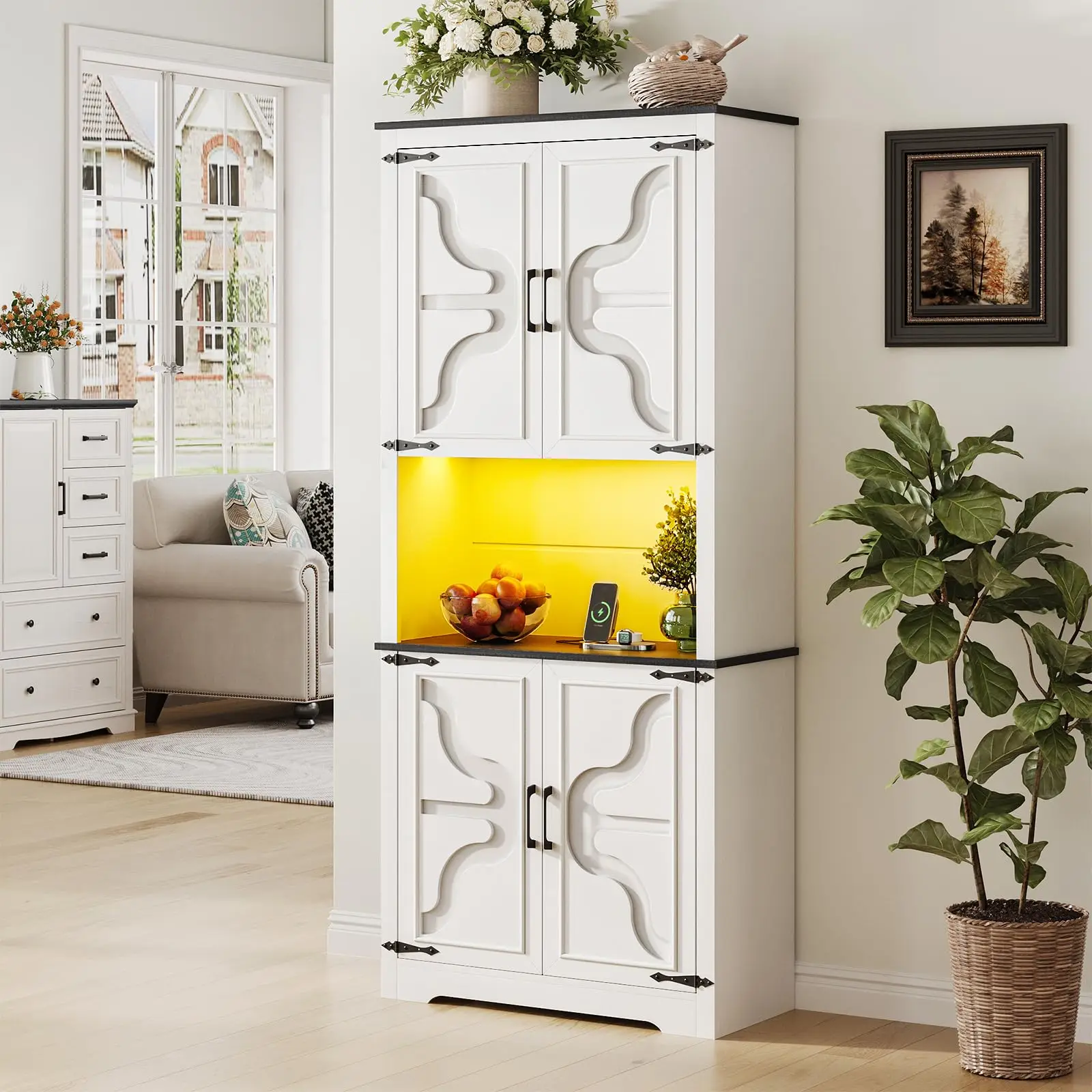 Vabches Kitchen Pantry Storage Cabinet 71''H Farmhouse Pantry Cabinet with LED Lights&Charging Station&4 Door&Adjustable Shelves