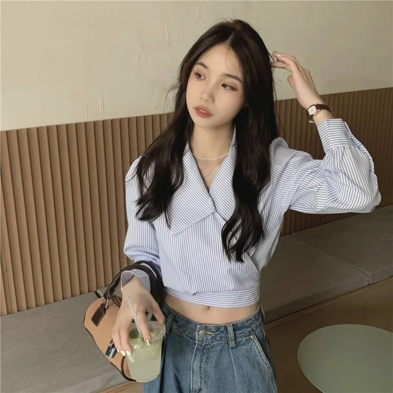 MiiiiX Koreaanse Office Lady Gestreept Casual Shirt Damesblouse Hoge taille Ontwerp Lace-up Crop Top 2024 Nieuwe Herfst Vrouwelijke Kleding