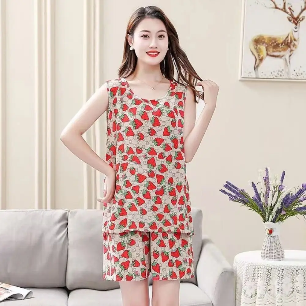 

Домашняя одежда, милый женский пижамный комплект, хлопковые и шелковые пижамы без рукавов с решеткой, милая одежда для сна с круглым вырезом и цветочным принтом для девочек