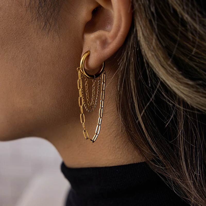 أقراط شرابة على شكل سلسلة مطلية بالذهب عيار 18 قيراط - مجوهرات من الفولاذ المقاوم للصدأ مضادة للحساسية للنساء، ملابس مقاومة للماء للحفلات والسهرة