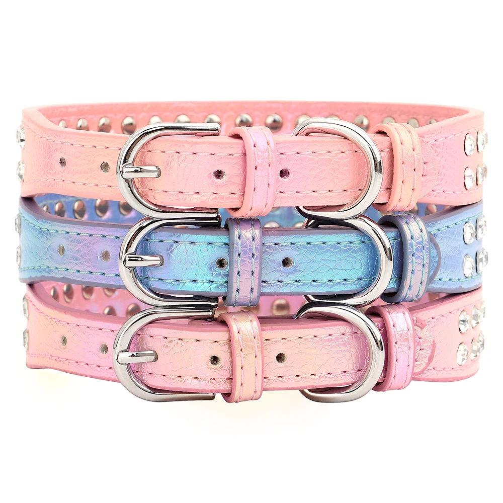 Crystal Small Dog Collar Leather Rhinestone Pet Dogs Collar Padded Puppy Cat Collars Adjustable for Small Dogs Chihuahua